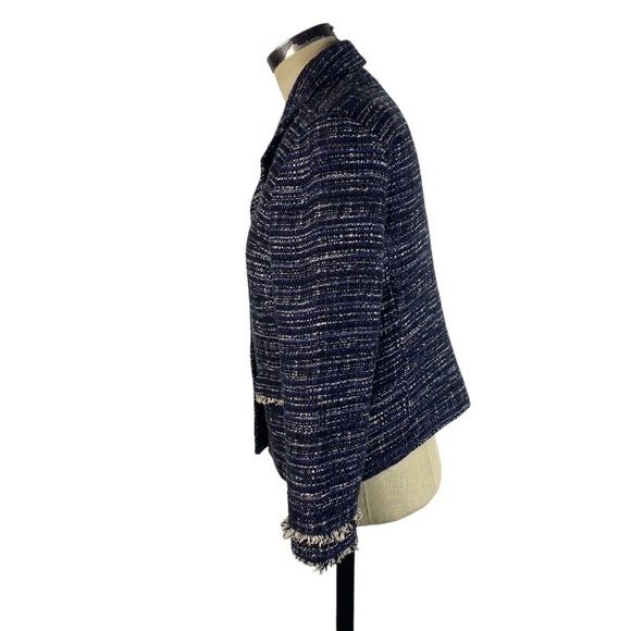 Ann Taylor Cotton Blend Tweed Fringe Trim Blazer Jacket 6 Navy Blue Black Ivory - Picture 3 of 9